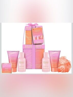 Jojoba, Vanilla & Almond Oil 6 piece Pink & Peach Bath Gift Set with Loofah